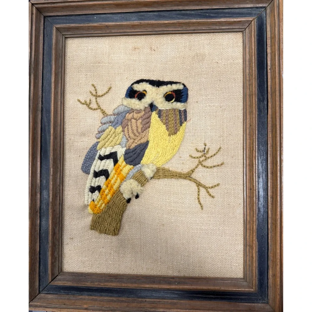 Vintage Betty Talpey Crewel Work Owl Framed Embroidery Folk Art 1970s Boho Decor